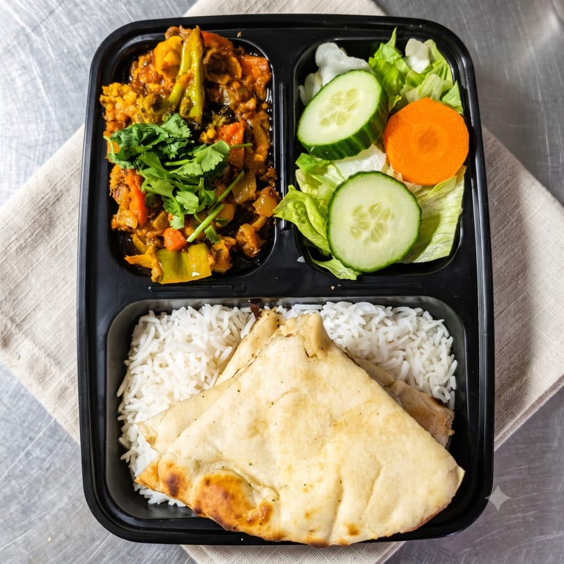 Indian meal prep container with vegetable curry, rice, naan bread, and a side salad.