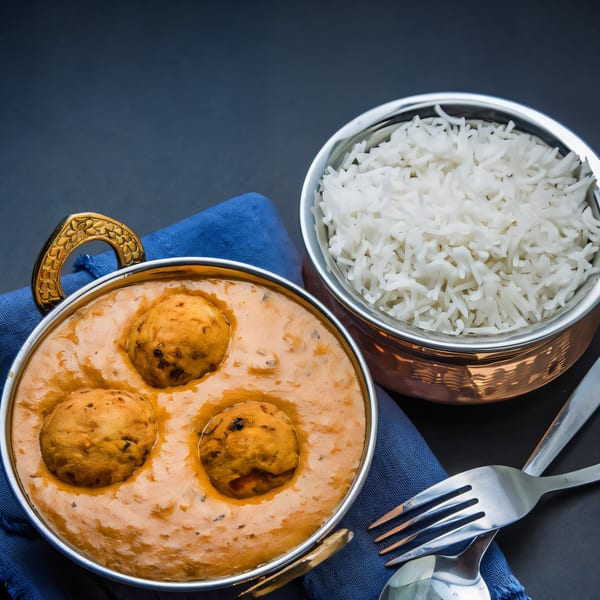 Indian Malai Kofta curry with three koftas in a copper bowl, served with white rice.