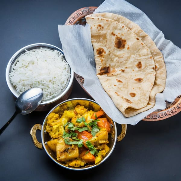 Indian meal with vegetable curry, white rice, and flatbread on a dark surface.